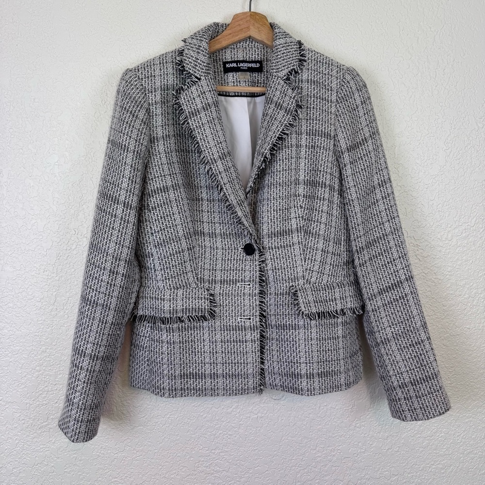Karl Lagerfeld Paris Tweed Single-Breasted Blazer Jacket in Black and White Sz 8